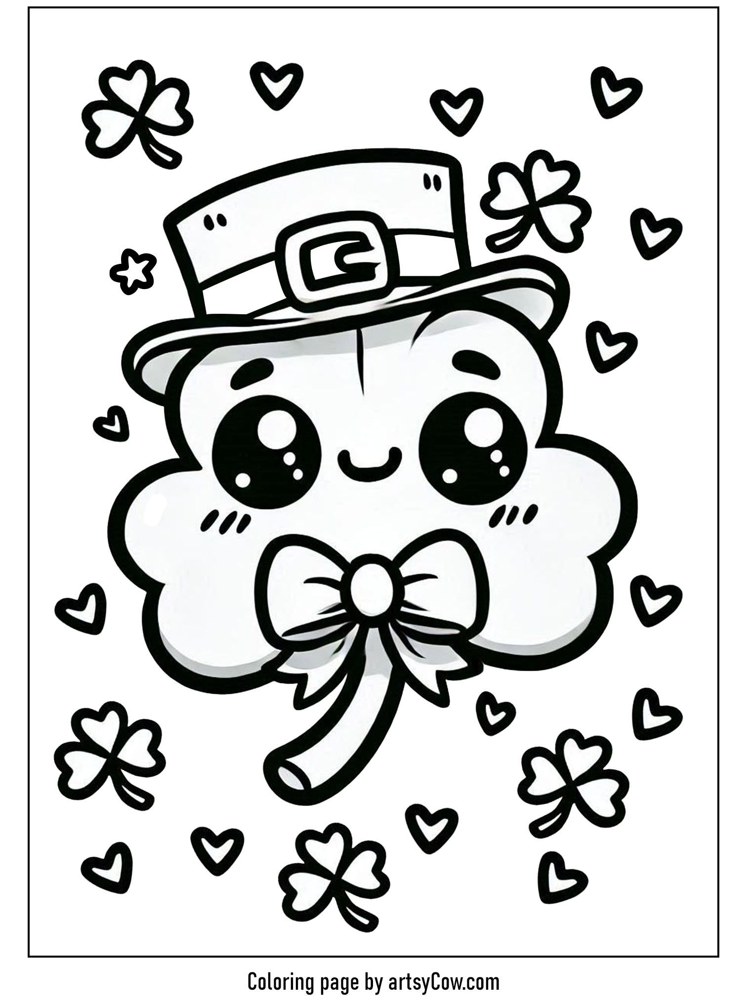 Shamrock Coloring Pages showing a cute, smiling shamrock wearing a festive hat surrounded by small hearts and shamrocks.